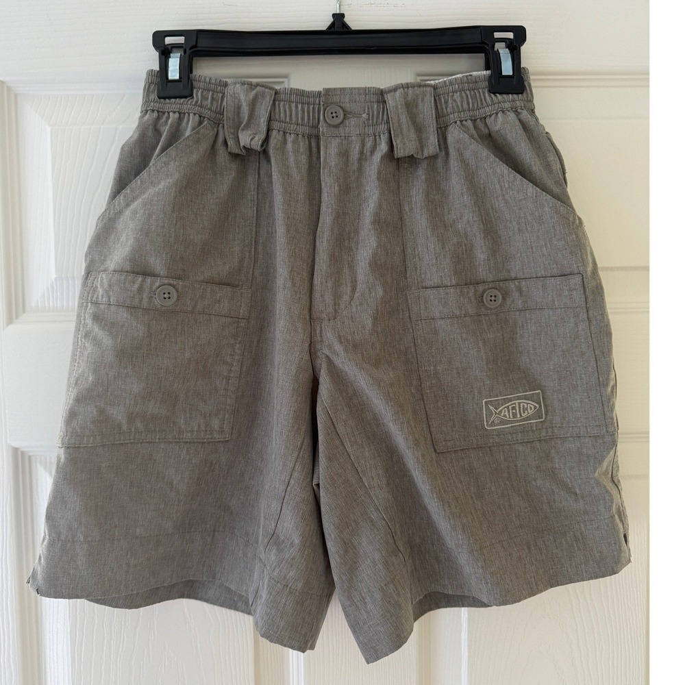 AFTCO Mens Size 28 Fishing Shorts Gray Heather Elastic Waist Cargo Pockets